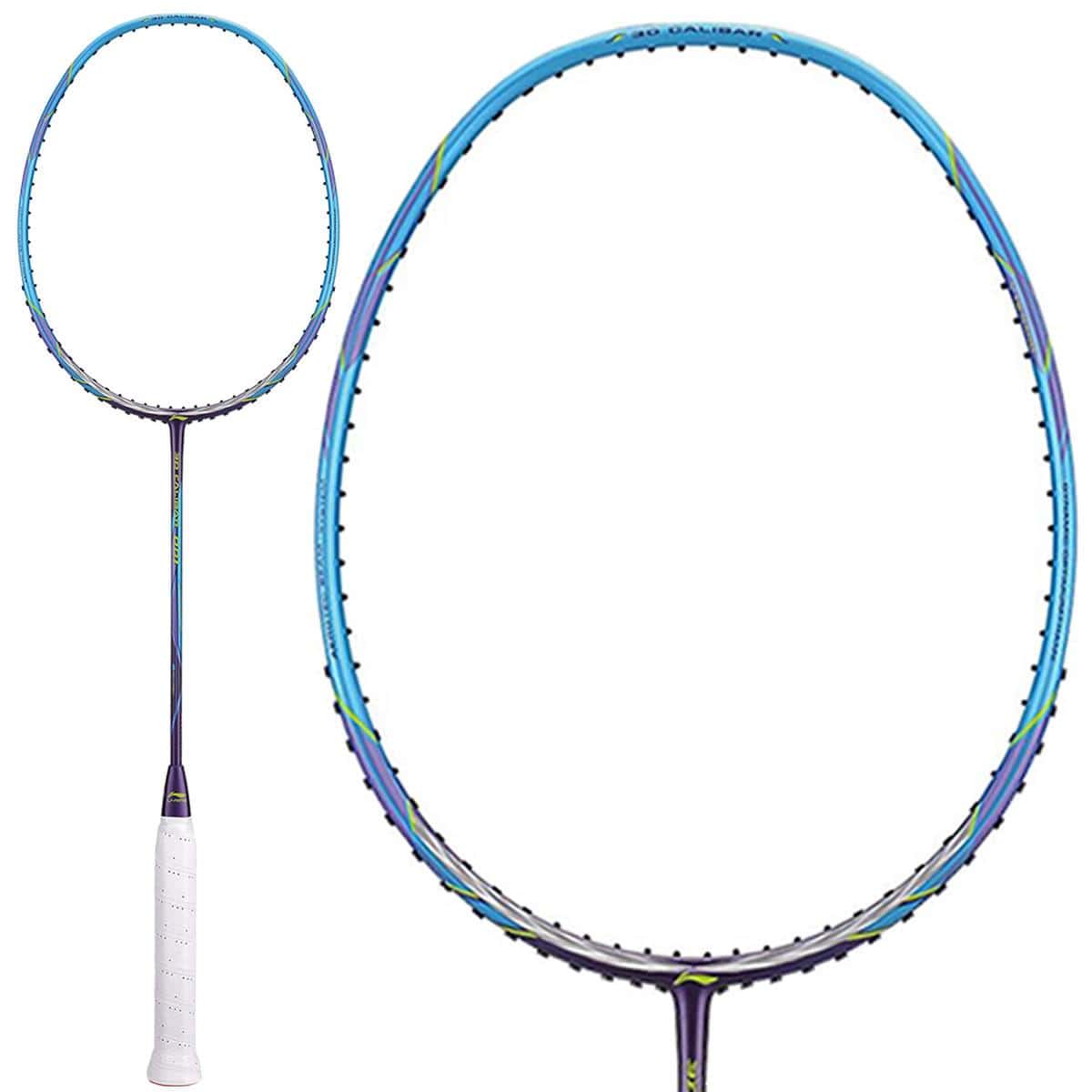 Presenting the Li-Ning 3D Calibar 001 Drive Badminton Racket from Li-Ning, a head-heavy racket in vibrant blue and purple with a white grip. Its sleek design includes green accents, enhancing rapid head speed for swift gameplay.