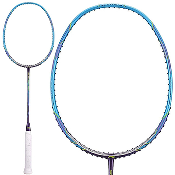 Presenting the Li-Ning 3D Calibar 001 Drive Badminton Racket from Li-Ning, a head-heavy racket in vibrant blue and purple with a white grip. Its sleek design includes green accents, enhancing rapid head speed for swift gameplay.