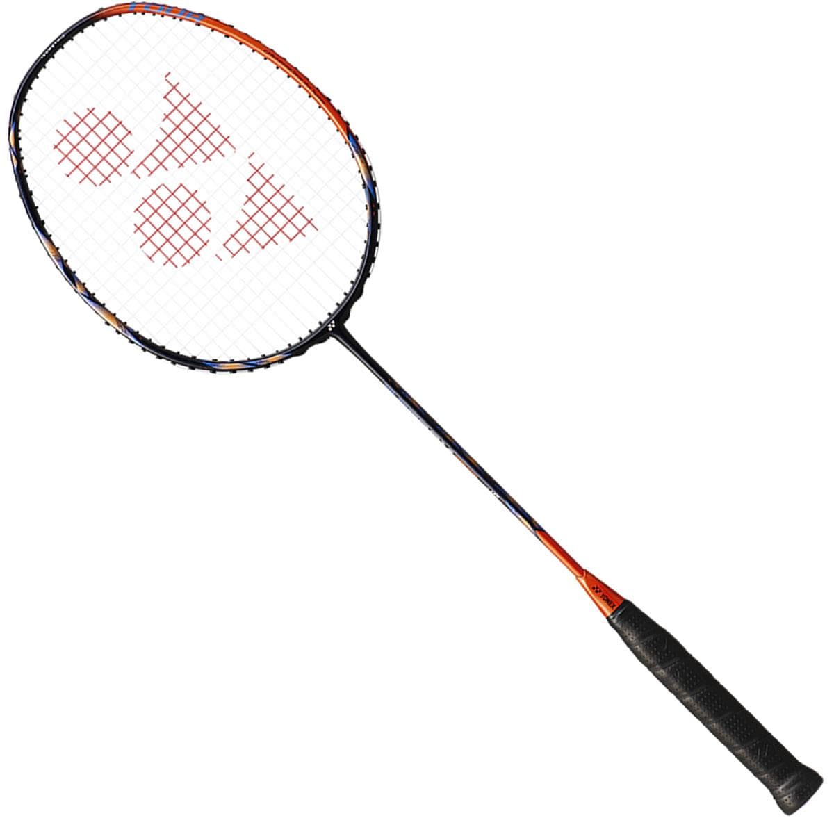The Yonex Astrox 77 Pro 4U Badminton Racket - High Orange, crafted by Yonex, boasts a black grip and an orange and black frame. Made with innovative Namd graphite material, it incorporates ISOMETRIC technology, and the strings display a red logo of triangles and circles for improved precision and power.
