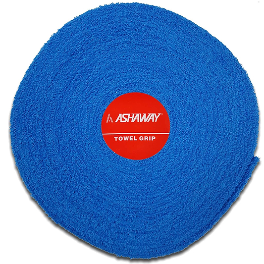 The Ashaway Badminton Towel Grip Roll in blue, measuring 10 meters, features a red circular center and is self-adhesive for enhanced grip and performance on sports equipment.