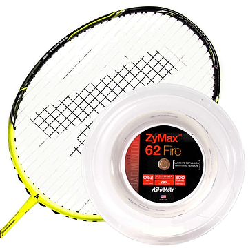 A yellow and black badminton racket is placed beside a reel of Ashaway Zymax 62 Fire Badminton String in white, known for its maximum repulsion prized by professional players, with the label displaying specifications in white, red, and black text.