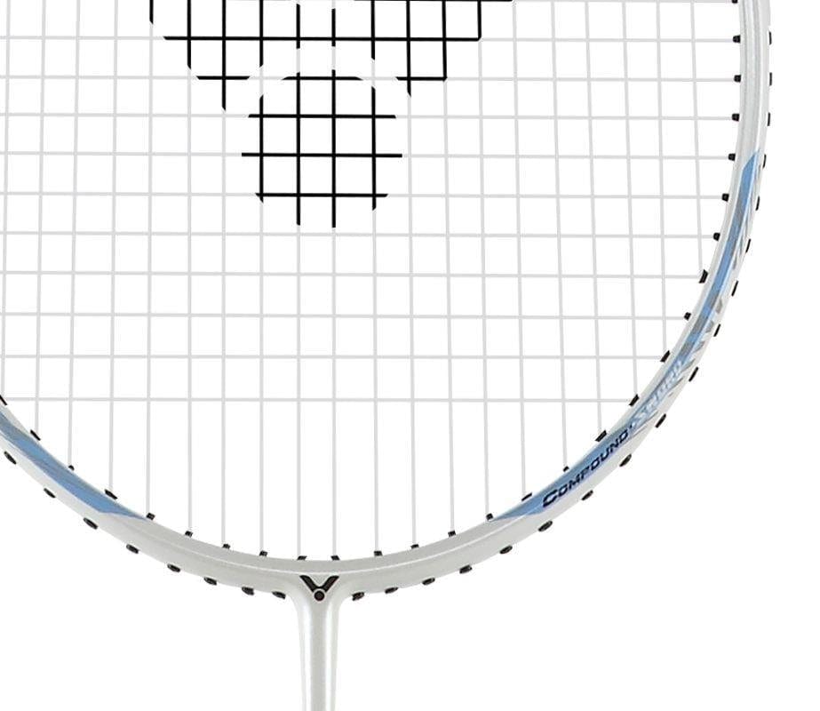 A close-up of the Victor Auraspeed 9A Badminton Racket - White showcases its all-round design, with a white frame and black strings forming a distinctive grid pattern that partially reveals the brand's logo near the top. Blue accents add to its stylish appearance, making it perfect for beginner to intermediate players aiming to elevate their game.