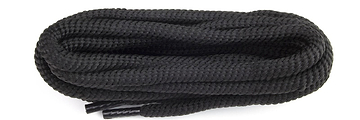 A pair of black Shoestring Polyvelt Twist Badminton Shoe Laces, measuring 140cm and featuring a textured woven pattern with taped ends, reminiscent of durable shoestring laces, lays flat against a white background.