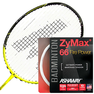 A high-performance yellow and black badminton racket is placed next to a packet of Ashaway Zymax 66 Fire Power Badminton String in white, 0.66mm, 10m, complemented by text highlighting ultimate power and tension maintenance.