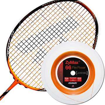 Displayed next to a high-performance badminton racket with a sleek black and orange design is the Ashaway Zymax 66 Fire Power Badminton String, featuring vibrant orange strings on a 200m reel. The reel prominently showcases the specifications and exceptional quality of the 0.66mm strings, ideal for avid players.