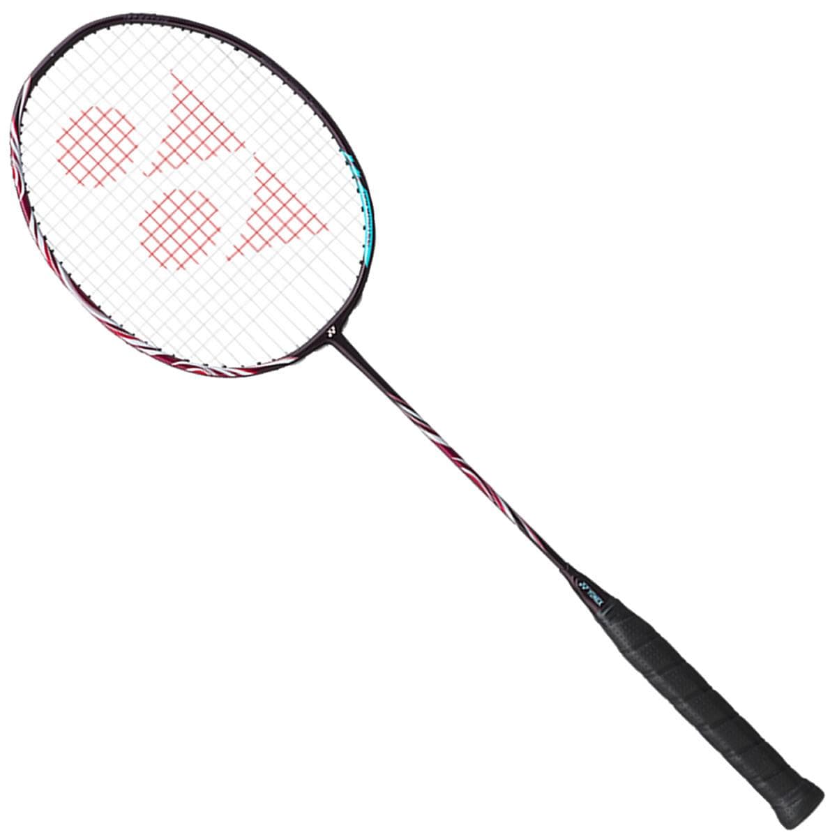 The Yonex Astrox 100 ZZ Kurenai Badminton Racket in Crimson Red is equipped with a Hyper Slim Shaft that boosts speed. It has a dynamic red and white ISOMETRIC frame, while the black handle adds to its bold look. The strings display a pattern of red shapes for extra flair.