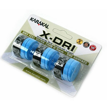 Karakal X-Dri Overwrap Badminton Grip - Blue, by Karakal, offers a non-slip, dry feel with an ultra-thin 0.6mm design. The packaging highlights SRF surface technology and micro holes for enhanced grip.