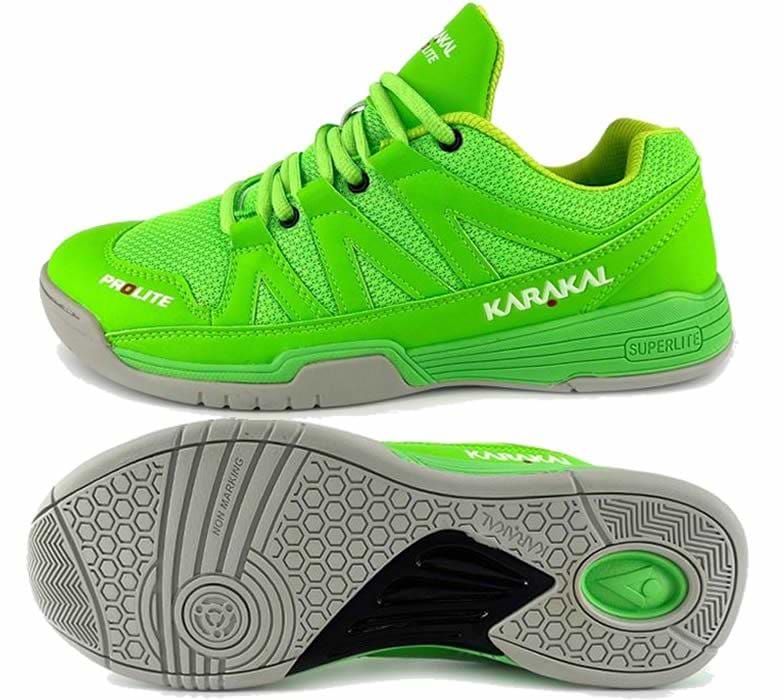 A pair of Karakal KF Pro Lite badminton shoes in vibrant green features a grey sole and a black grip design for superior lateral stability. The words "PROLITE" and "SUPERLITE" are displayed on the shoes, with one shoe shown from the side and the other from the bottom.