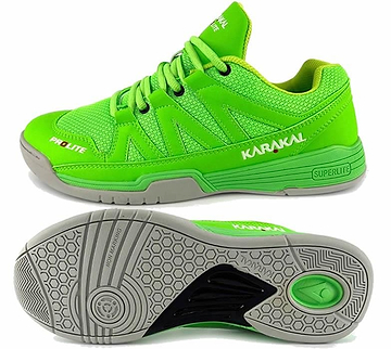 A pair of Karakal KF Pro Lite badminton shoes in vibrant green features a grey sole and a black grip design for superior lateral stability. The words "PROLITE" and "SUPERLITE" are displayed on the shoes, with one shoe shown from the side and the other from the bottom.