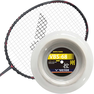 A high-performance badminton racket paired with the Victor VBS 68 Badminton String Reel, boasting a sleek black and red frame complemented by white strings. The label emphasizes speed and control, featuring hard-feeling specifications that are enhanced by advanced Vectran fibre craftsmanship.