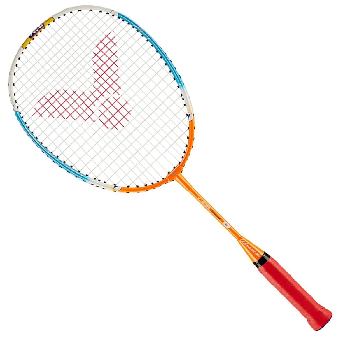 The Victor Advanced Junior Badminton Racket by Victor features an orange frame with blue accents and a red grip. Its string pattern includes a durable multifilament design in the center to enhance play.