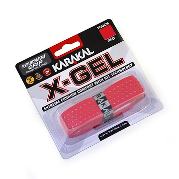 The Karakal X-GEL Replacement Badminton Grip in red is presented, showcasing its perforated design and advanced Gel Technology for exceptional cushioned comfort. The packaging emphasizes its universal length and touch pad feature.