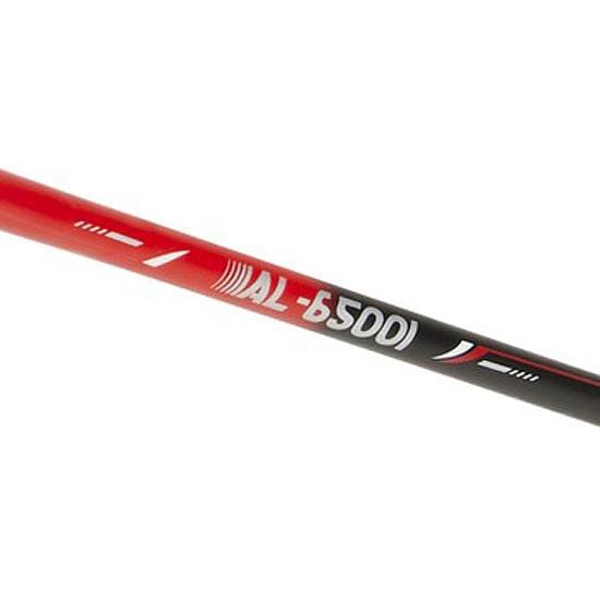 A close-up of a red and black golf shaft labeled "AL-65D01," featuring white and red graphics, evokes the sleek design of the Victor AL-6500 I Badminton Racket by Victor. The shaft has a smooth finish, making it ideal for head-heavy attacking techniques.