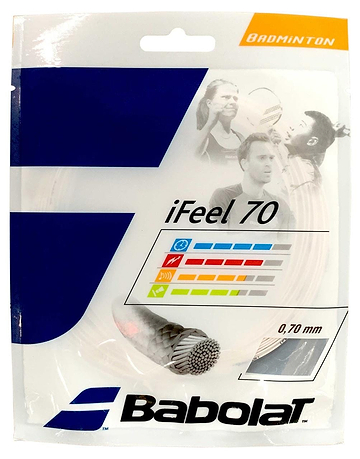 Presenting the Babolat iFeel 70 Badminton 10m String Set in a crisp white design, featuring a precise gauge of 0.70 mm. Eye-catching icons emphasize its standout features, while dynamic player imagery in the background underscores its exceptional performance qualities on the court.