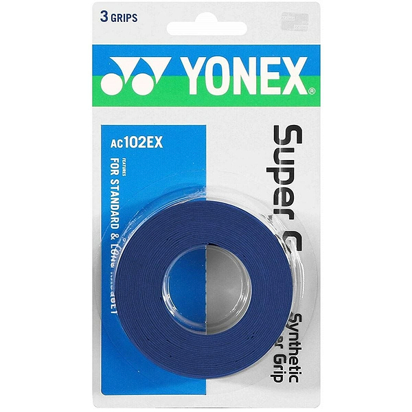 The image showcases the Yonex AC102EX Super Grap Badminton Overgrip, a synthetic overgrip by Yonex renowned for its exceptional sweat absorption. Designed to fit both standard grips and extra-long handles, this blue overgrip prominently displays "3 grips" in blue and green text for enhanced visibility.