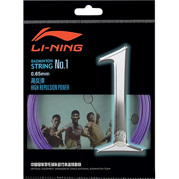 The packaging for the Li-Ning No.1 String Set (10m) in Purple showcases a bold silver "1" and dynamic images of athletes, highlighting its 0.65mm thickness and "High Repulsion Power" for superior control and power, along with excellent tension maintenance. It prominently features the company logo and product details in both English and Chinese.