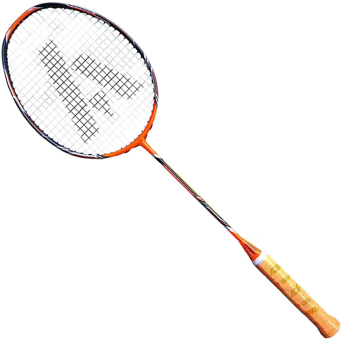 The Ashaway Phantom X Fire II Badminton Racket in orange and black features a white grip, set against a pristine white background.