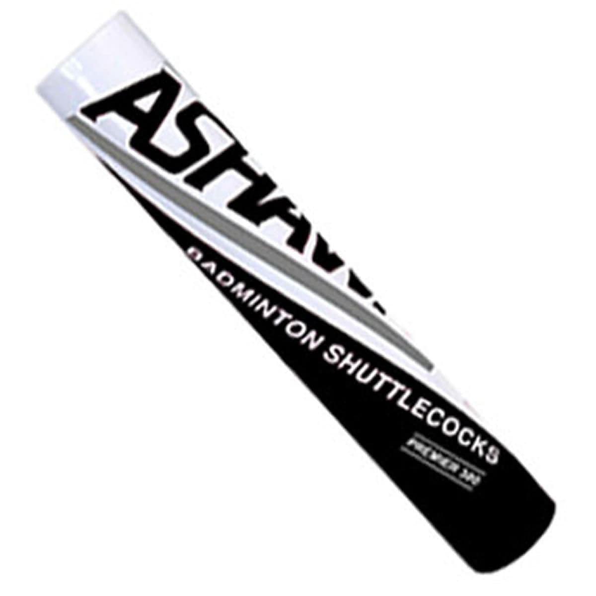 The cylindrical container labeled "Ashaway Premier 300 Feather Shuttles / Shuttlecocks - Set of 12" prominently showcases bold text and crucial product information. Featuring a black and white design, it emphasizes the use of durable goose feathers, guaranteeing high performance with every shuttlecock from the Ashaway brand.