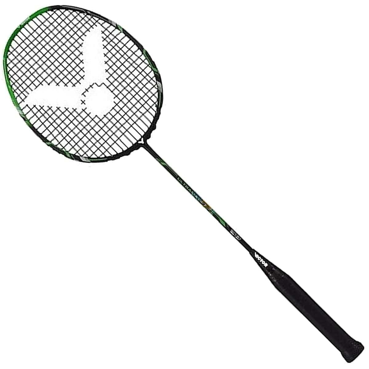 Image of the Victor Ultramate 7 Graphite Badminton Racket - Green Black, an entry-level badminton racket from Victor featuring a black handle and a green and black shaft. The strings create a mesh pattern within the oval frame, highlighted by a white logo design at the center.