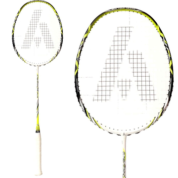 A close-up view of the Ashaway Superlight 10 Hex Badminton Racket - White Green showcases its design with a white and yellow frame. The racket's string pattern forms intersecting lines, complemented by a white grip tape on the handle. Enhanced with Hex technology for improved aerodynamics, the Ashaway logo is visible on the strings.