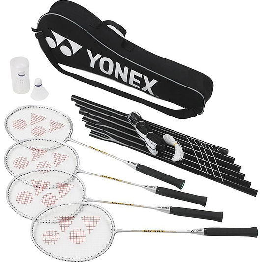 Yonex GR303 Badminton Racket and Net Set includes steel-framed Yonex GR303 rackets, a stylish black Yonex bag, a net with posts, two shuttlecocks, and simple assembly instructions. The rackets feature black grips and white strings with a red pattern.