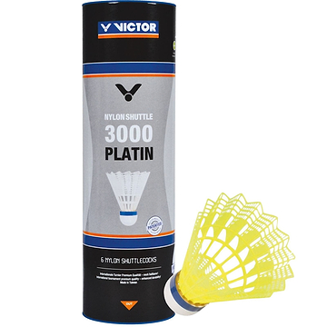 A tube of VICTOR 3000 Nylon Yellow Badminton Shuttlecocks includes six yellow nylon shuttlecocks, known for their outstanding durability. One shuttlecock is prominently displayed in the foreground, and the packaging features a sleek design with text emphasizing its superior quality.