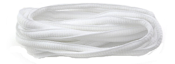 A neatly coiled bundle of Shoestring Oval 6mm Badminton Shoe Laces in white is displayed on a plain white background. The textured and soft laces form a looped, intertwined arrangement, ideal for rejuvenating your favorite pair of badminton shoes.