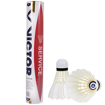 An upright red and white tube labeled "VICTOR Service Badminton Feather Shuttles / Shuttlecocks - Set of 12" from the Victor brand accompanies two side-lying white shuttlecocks. Recognized as bestselling items, these shuttles boast a classic design with a white base and feathers, making them ideal for any match.