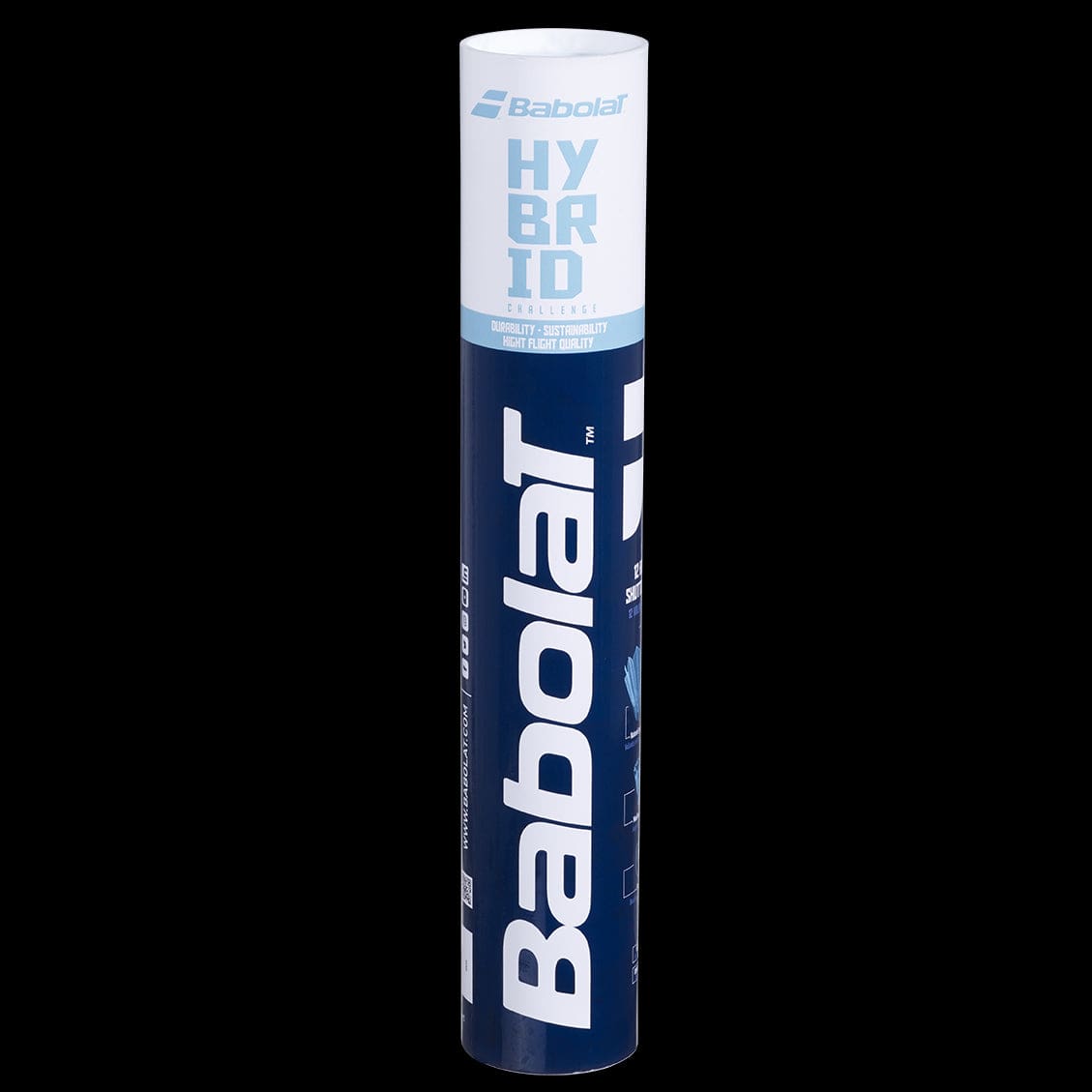 A blue and white canister of Babolat Hybrid tennis balls set against a black background prominently displays the Babolat logo, emphasizing its outstanding durability and comfort. The sleek packaging design makes it as distinctive as the acclaimed flight quality of their Hybrid Badminton Feather Shuttles/ Shuttlecocks - Set of 12.
