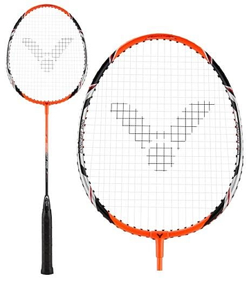 Introducing the Victor Concept Pro Badminton Racket by Victor: featuring a robust orange frame paired with a black grip, elegantly showcased from both the side and front views. The strings create an intricate pattern that resembles a stylized letter V on the racket head, making it ideal for delivering both power and precision.