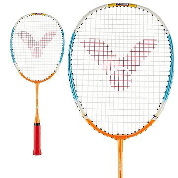 Two Victor Advanced Junior Badminton Rackets equipped with durable multifilament strings and orange short grips. The strings display a red logo, and the frames boast a stylish combination of blue and white.