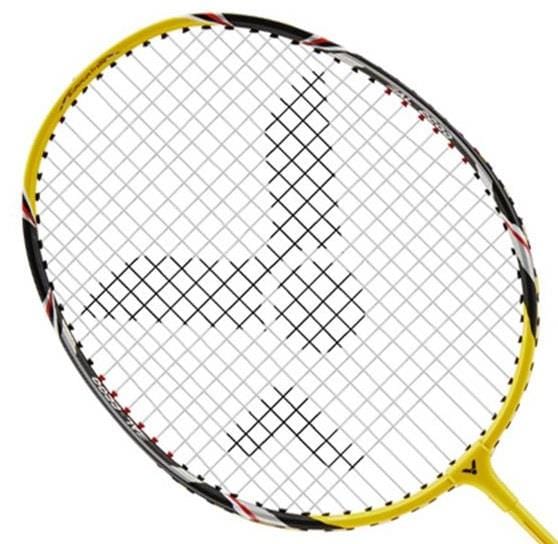 The sturdy Victor AL-2200 Badminton Racket from Victor presents a striking yellow frame paired with black and white strings, highlighted by a logo at its center.