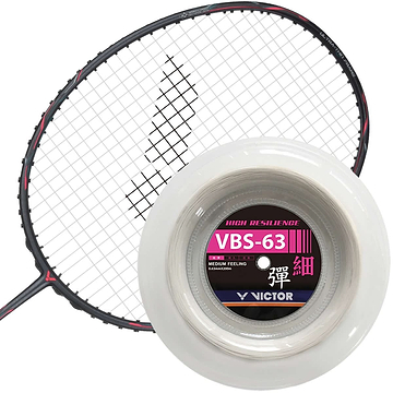 A Victor badminton racket with a red and black frame is paired with a spool of Victor VBS 63 Badminton String Reel, labeled "High Resilience" and "Medium Feeling" in the center. This high-strength multifilament string, measuring 0.63mm in diameter and coiled in a transparent casing, promises enhanced performance over its 200m length.