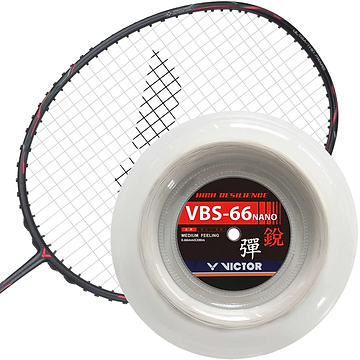 The Victor VBS 66N Nano Badminton String Reel, measuring 0.66mm and spanning 200 meters, utilizes advanced nano-technology to enhance string control. It features a medium feel and is composed of nylon multifilament strings encased in a clear plastic reel, perfectly complementing your badminton racket.