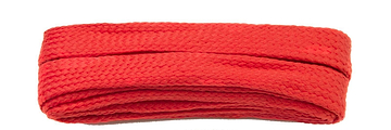 A neatly arranged set of red Shoestring Flat Block Badminton Shoe Laces, 140cm in length, is displayed against a white background, resembling the compact arrangement of a braided belt. The laces feature a textured pattern that adds depth and interest to their design.