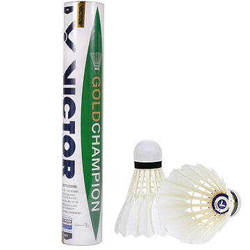 The VICTOR Gold Champion Badminton Feather Shuttles, presented in a tube with a striking green and white design and bold lettering, are on display. Accompanying the tube are two feather shuttlecocks made from premium goose feathers adorned with blue logos, ideal for international tournaments.