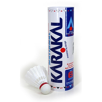 A tube labeled with the brand "Karakal" contains six white fast nylon shuttlecocks named Karakal National, featuring red tips. Designed for training and casual play, one of these shuttlecocks is displayed at the front, slightly tilted to the right. The packaging highlights features such as "high performance," an "evolutional design," and a natural cork base for enhanced feel.