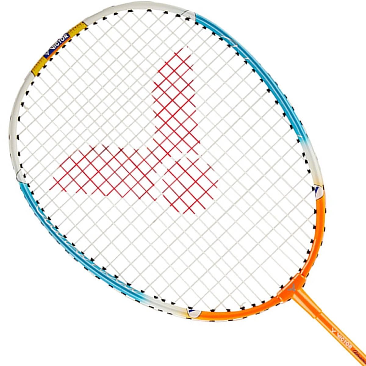 The Victor Advanced Junior Badminton Racket - Orange Blue from Victor features a colorful frame in vibrant blue and orange, along with durable multifilament strings and a prominent red logo at its center. The racket's short shaft improves control, while the handle is partially visible.