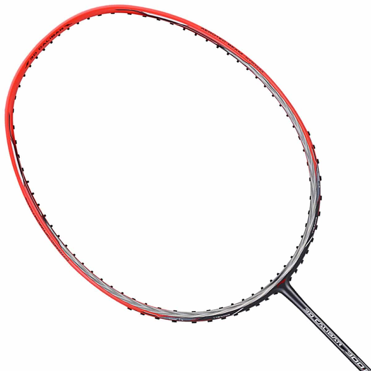 The Li-Ning 3D Calibar 300 Boost Badminton Racket in Black and Red is displayed without strings, showcasing its Dynamic-Optimum Frame and emphasizing its oval shape. Its sleek design is further accentuated by brand text on the lower part, with a plain white background that highlights the racket's innovative aesthetics.