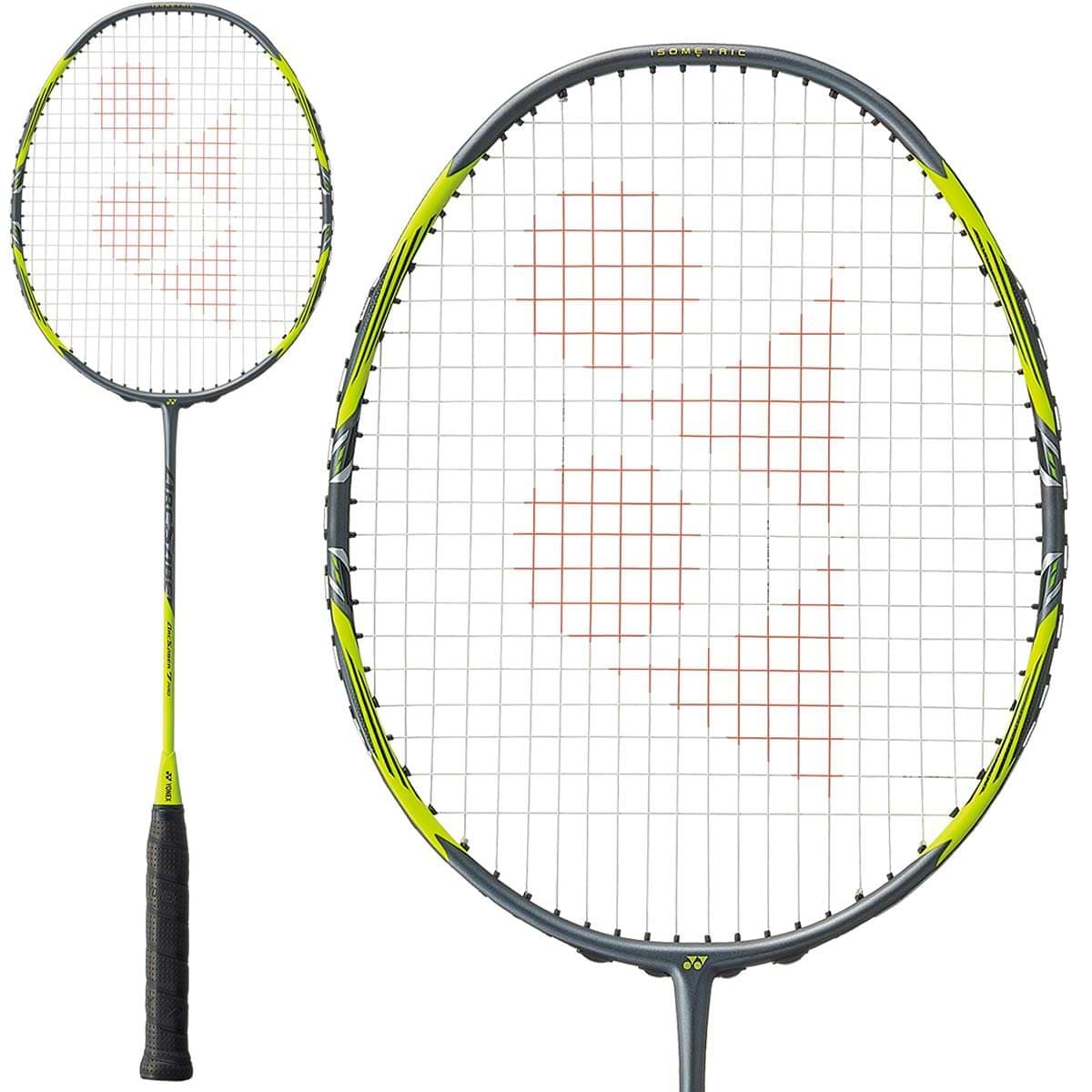 The Yonex Arcsaber 7 Pro Badminton Racket, featuring a sleek grey and yellow design, is crafted for all-round players. The racket includes a black handle and an intriguing string pattern with an orange logo prominently at the center.