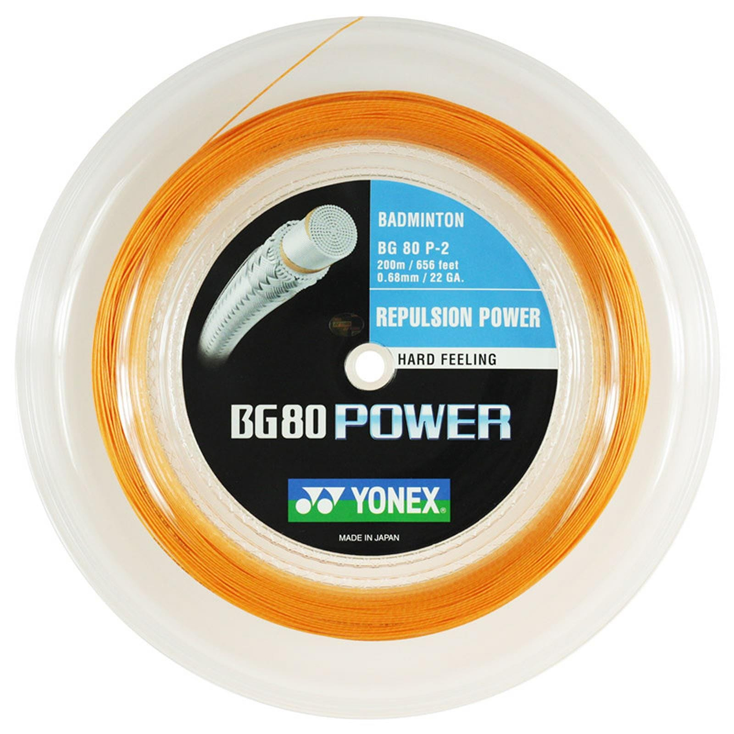 Close-up of a reel of Yonex BG 80P badminton string in bright orange. Constructed with Vectran fiber for excellent repulsion power, it is manufactured in Japan and spans 200m (or 656 feet) with a gauge of 0.68mm / 22 GA. It is clearly labeled with "Repulsion Power" and "Hard Feeling.
