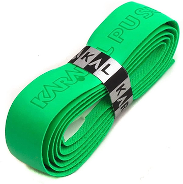 A rolled-up vibrant green tennis overgrip, ideal for racket sports, is secured with a black and silver band featuring the "Karakal" brand and highlighting its PU Badminton Super Grip technology.
