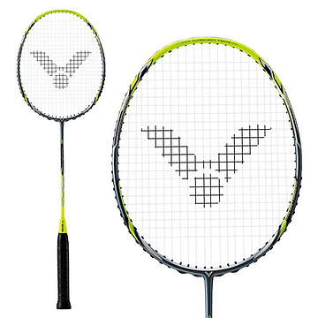 The Victor Drive X Light Fighter 60 Badminton Racket by Victor features a head heavy balance, black grip, blue-yellow and silver frame, and a black logo pattern on the strings. Images include full view and close-up of the racket head.