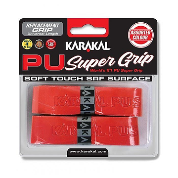Packaging with a pair of Karakal PU BadmintonGrip replacement grips in red for sports equipment, featuring the "Soft Touch SRF Surface" and offering "Assorted Colour" options. Renowned for its durability and gripping power, it is promoted as the "World's #1 PU Super Grip," with a website link included at the bottom.
