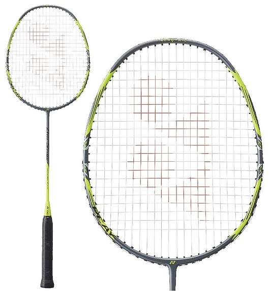 Close-up of a Yonex Arcsaber 7 Play 4U badminton racket featuring a black handle and an isometric frame in grey and yellow. The strings create a grid pattern, enhanced by CS Carbon Nanotubes, with the racket displayed from two angles: full view and close-up of the head.