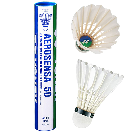A green and blue Yonex Aerosensa AS50 tube with an open shuttlecock expertly demonstrates the durability of its design. The display includes two shuttlecocks, one showcasing a side view while the other reveals a top view featuring the signature green cap logo.