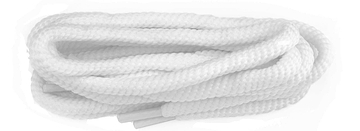 The Shoestring Polyvelt Twist Badminton Shoe Laces in white, measuring 140cm, are presented neatly coiled with plastic tips on a white background.