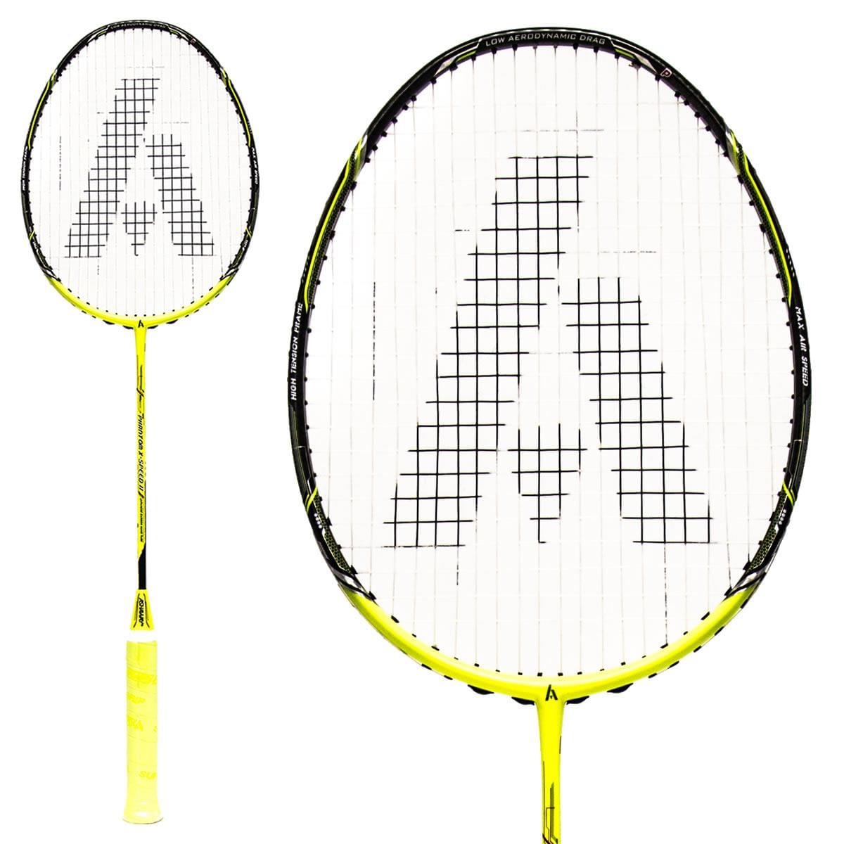 The Ashaway Phantom X Speed II Badminton Racket showcases a yellow and black design with an A-shaped logo on the string bed, enhanced by the Phantom Airflow System for superior performance. Its handle shares the same color scheme, and there's an up-close view of the racket's head depicted on the right side.