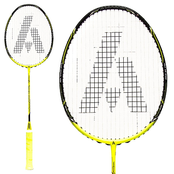 The Ashaway Phantom X Speed II Badminton Racket showcases a yellow and black design with an A-shaped logo on the string bed, enhanced by the Phantom Airflow System for superior performance. Its handle shares the same color scheme, and there's an up-close view of the racket's head depicted on the right side.