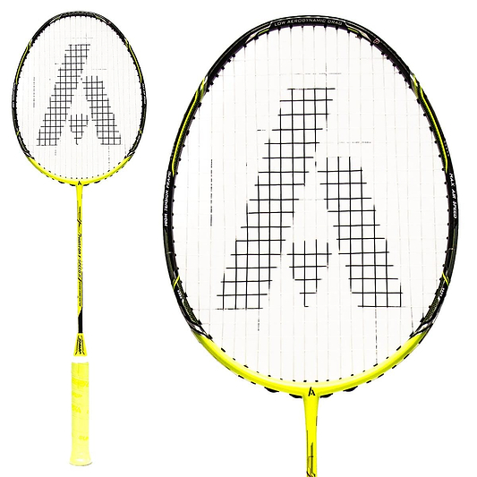 The Ashaway Phantom X Speed II Badminton Racket showcases a yellow and black design with an A-shaped logo on the string bed, enhanced by the Phantom Airflow System for superior performance. Its handle shares the same color scheme, and there's an up-close view of the racket's head depicted on the right side.
